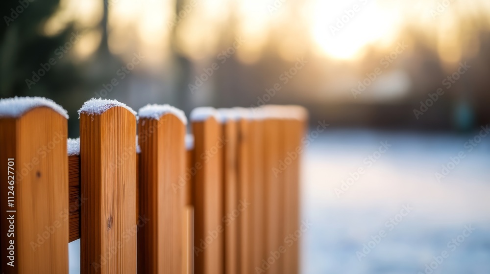 Poster A close-up view of a wooden picket gate with frost on its edges, set against a misty morning field that evokes a calm and rustic winter atmosphere