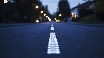 A close up of a black asphalt road with white lines in the middle, and blurred buildings in the background.