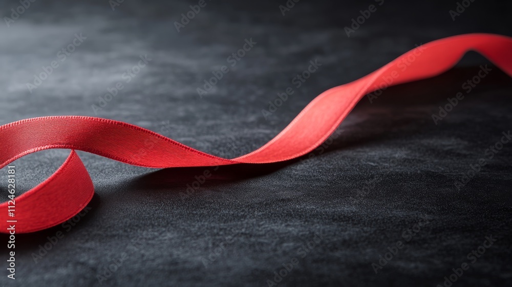 Poster A vibrant red ribbon with a silky texture forms a soft loop on a dark gray surface, gently illuminated for an elegant effect