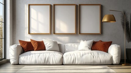 Minimalist Scandinavian Living Room with White Sofa and Blank Photo Frames
