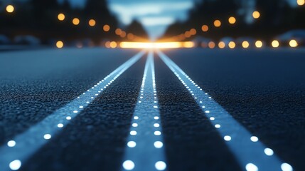 A close up of glowing lane markers on a road at night.