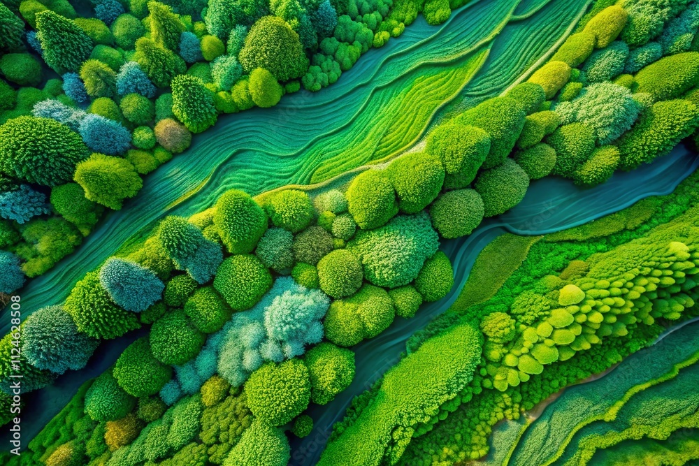 Poster aerial view of abstract green texture in modern pop surrealism style with vivid colors and dynamic p