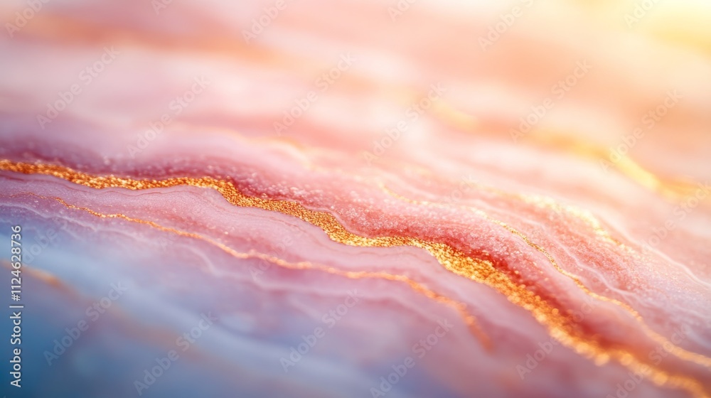 Poster close-up view of a fluid marble texture displaying swirling pink and blue tones with luxurious golde