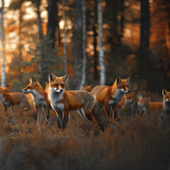 Foxes standing in the forest with setting sun shining. Group of wild animals in nature.