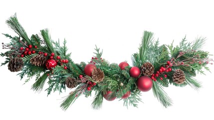 Christmas Branches Border with Christmas Decorations on White Background, Festive Embellishments for Holiday Cheer and Decor.