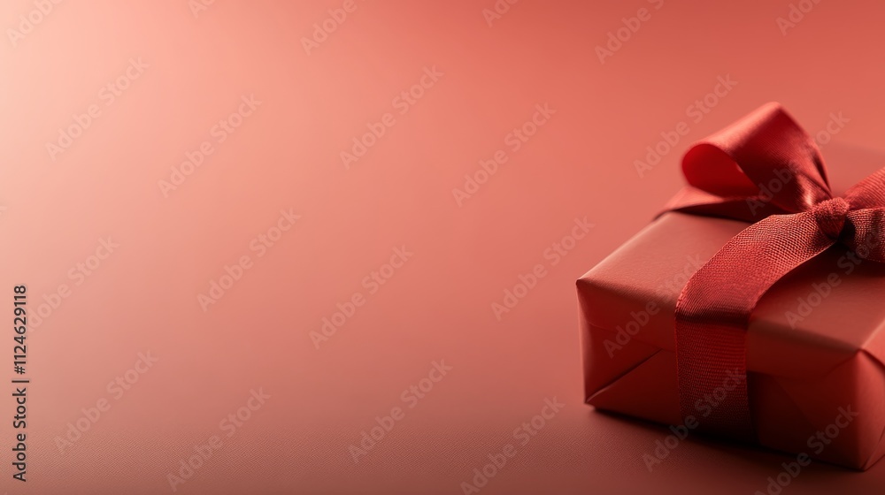 Poster a small gift box wrapped in matte red paper and adorned with a shiny red ribbon rests on a soft past