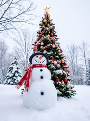 Obraz premium Beautiful snowman in winter landscape
