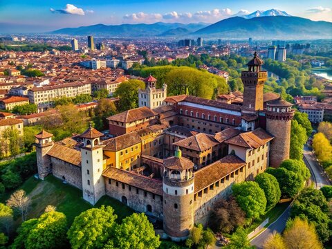 Aerial View of Acajas Castle in the Heart of Turin, Italy, Showcasing the Stunning Architecture and Scenic Beauty of Piedmont on April 11, 2023