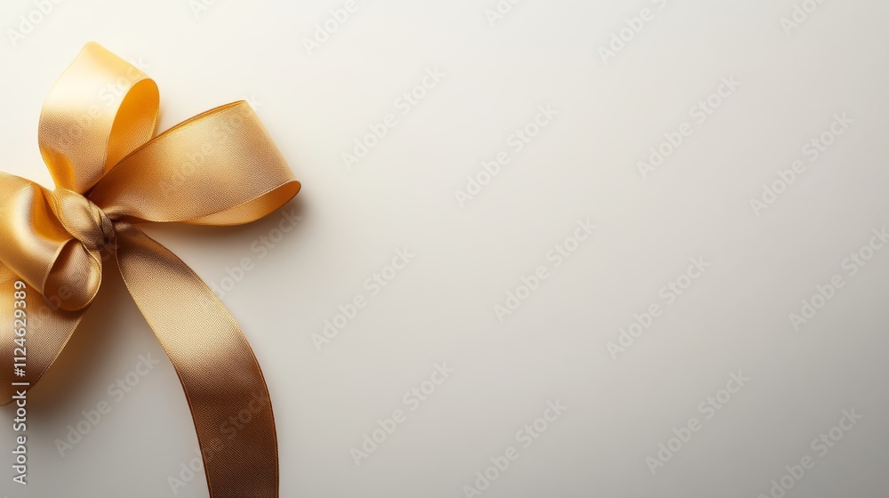 Poster shiny golden gift bow with textured ribbon loops is centered against a clean white background, provi