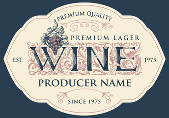 Vector banner or label for wine with hand-drawn ornate inscription and bunch of grapes in vintage style. Suitable for design element, logo, flyer, invitation, menu, wine list, emblem, sticker © paseven