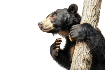 Hyperrealistic depiction of a sun bear climbing a tree, perfect for wildlife education, nature conservation discussions, or animal-themed projects.