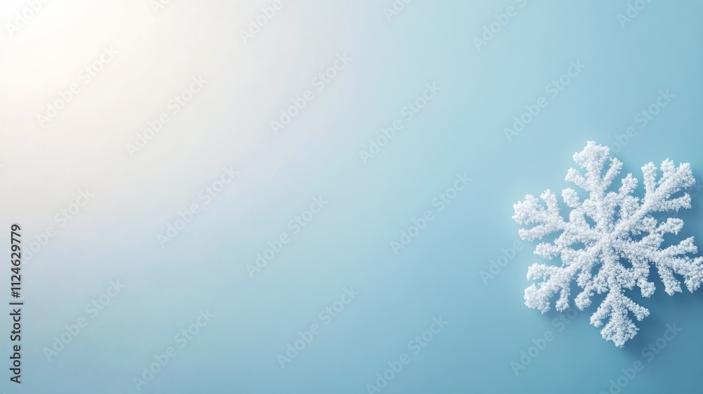 Poster close-up view of a single, detailed white snowflake set against a smooth blue gradient background, p