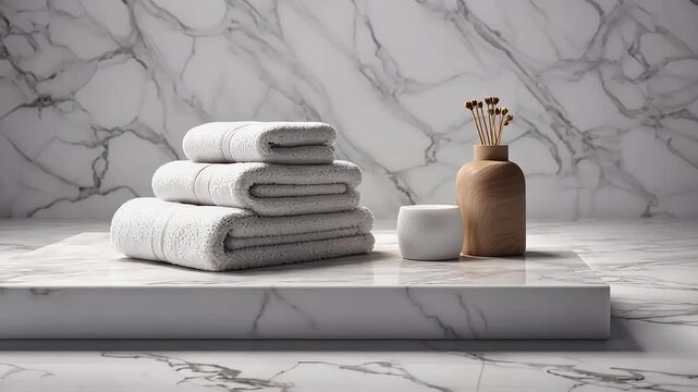 advertising towel diffuser bathroom 3d presentation minimal tile podium marble dais rendering white towels bright wall display clean product