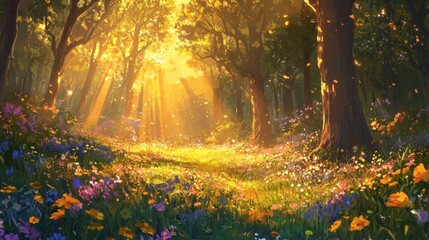 Enchanted woodland with tall trees and wildflowers, golden sunlight illuminating the scene 