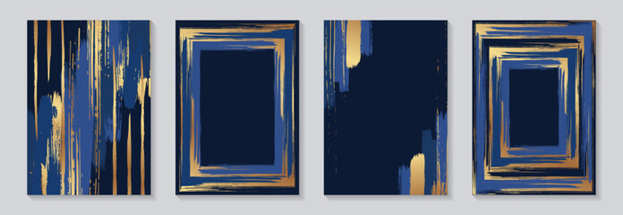 Grunge luxury wedding invitation designs or card templates for business or poster or greeting with golden and blue paint brush strokes on a navy background.