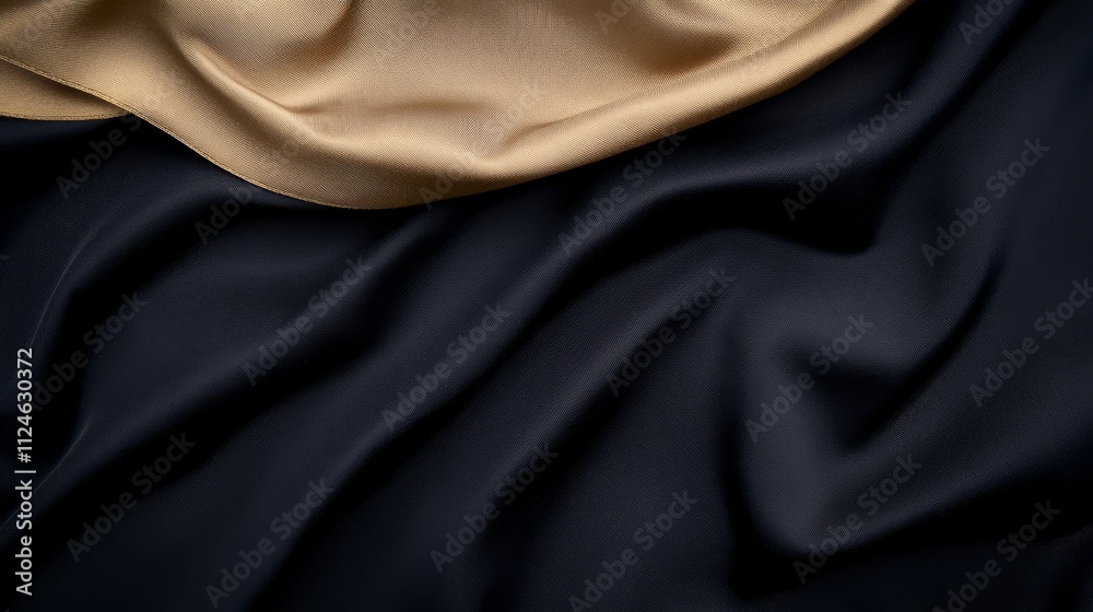 Poster a close-up view showcasing a navy blue gift box tied with a golden satin ribbon, resting on a textur