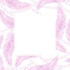 Carnival pink feather with pearls frame border. Hand drawn watercolor masquerade illustration isolated on white background. Can be used for postcard, label, scrapbook and other printed products.