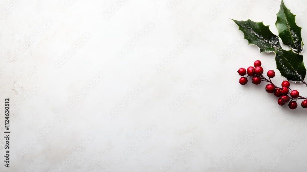 Poster Frosted holly leaves and a cluster of bright red berries are artfully arranged on a textured white backdrop, emphasizing a minimalist festive design and copy space