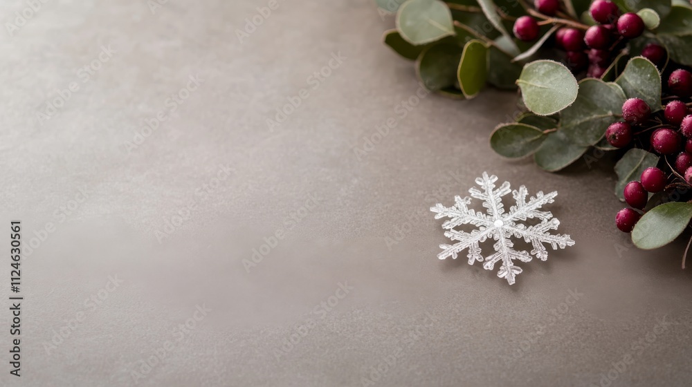 Poster delicate snowflake rests on frozen ground, surrounded by frosted plants. soft light enhances the int