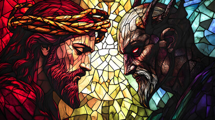 Colorful stained glass illustration of Jesus Christ vs Satan Lucifer the devil