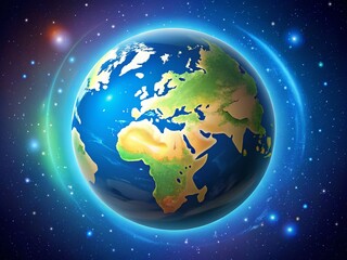 Fototapeta premium Aerial view of a colorful flat illustration showcasing Earth in space, highlighting continents, oceans, and the vastness of the cosmos, perfect for educational and creative projects.