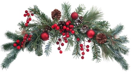 Christmas Branches Border with Christmas Decorations on White Background, Festive Embellishments for Holiday Cheer and Decor.