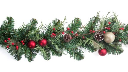 Christmas Branches Border with Christmas Decorations on White Background, Festive Embellishments for Holiday Cheer and Decor.