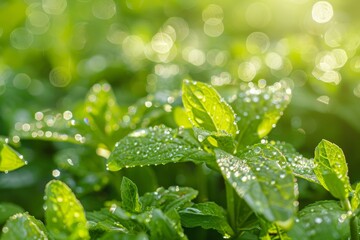 Morning light illuminates fresh mint leaves, covered with dew droplets, creating a serene atmosphere in a lush garden, evoking feelings of freshness and tranquility.