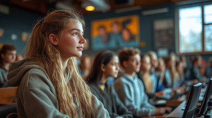 College, students and computer lab at school for coding, tech and group project with collaboration. Happy, diversity and digital research in classroom with people for teamwork, discussion and study