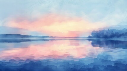 Fototapeta premium A watercolor illustration Morning light with fog over the surface, mountain wallpaper, reservoir, natural beauty.