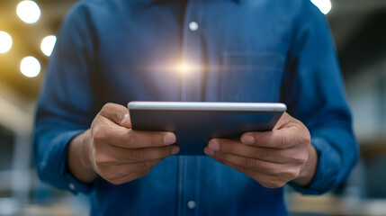 A professional using a tablet with augmented reality apps to navigate a construction site. Augmented reality on tablet in construction site.