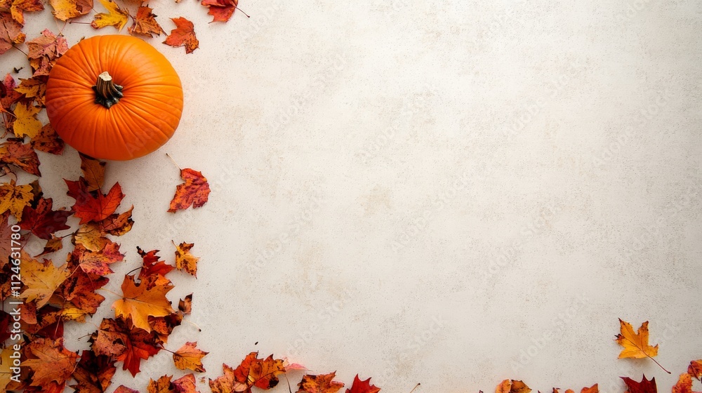 Poster a vibrant orange pumpkin rests on a light cream surface, surrounded by scattered autumn leaves in wa