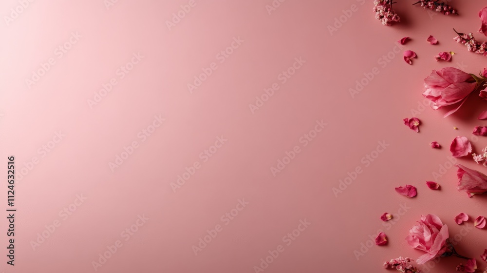 Poster pastel pink background features scattered flower petals and small blossoms, creating a minimalist ae