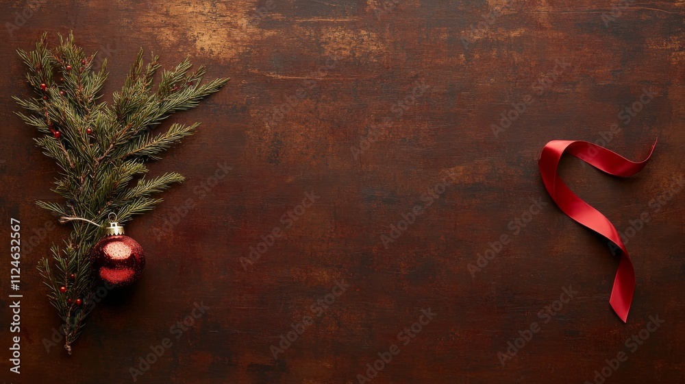 Aufkleber a single christmas tree branch adorned with a red ribbon and glittery gold bauble rests on a rustic 