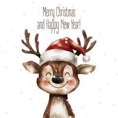 Vector Christmas greeting card design. Cute reindeer in a Sants's hat. Merry Christmas and Happy New Year poster.  © ValeriBaikachova