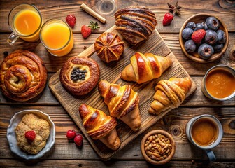 Aerial View of a Delicious Breakfast Spread Featuring Freshly Baked Croissants, Danish Pastries, and a Glass of Refreshing Orange Juice for a Morning Treat