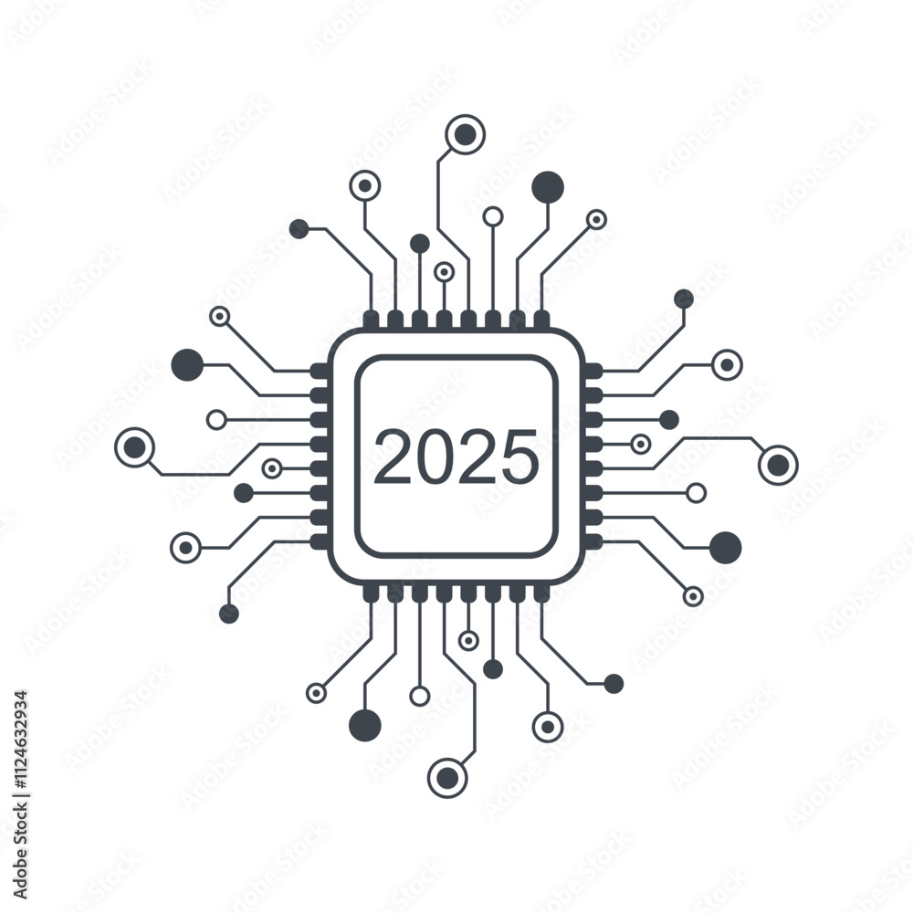 Poster happy new year 2025 text design on the chip, component, microchip, semiconductor, circuit board, pro