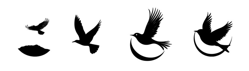 Fototapeta premium A collection of four elegant bird silhouettes in mid-flight against a white background.