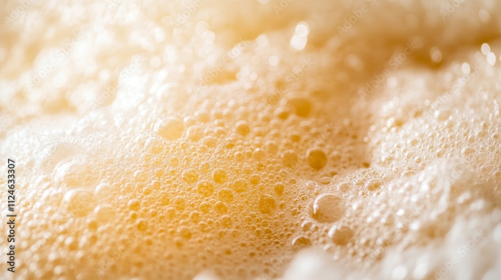 Poster Frothy golden beer foam with detailed bubbles fills the frame, creating a rich texture suitable for beverage themed designs with clear copy space on the side