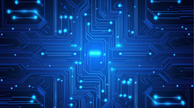 Futuristic circuit board pattern with glowing blue lines and nodes, creating high tech visual effect. Ideal for technology themed projects and digital backgrounds