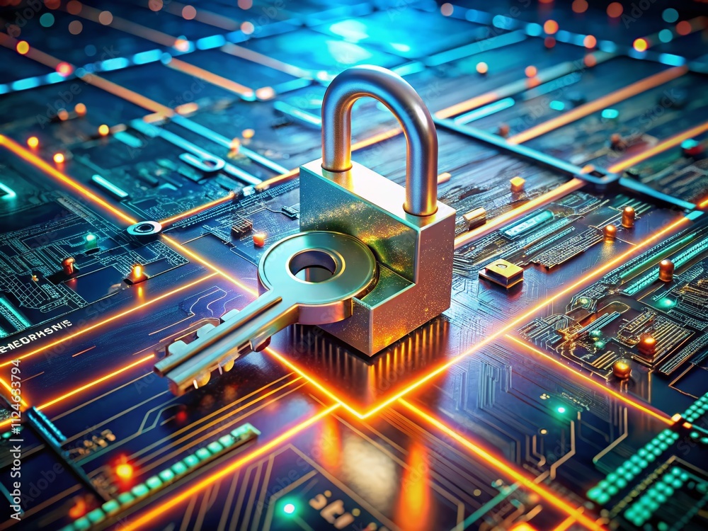 Poster aerial view of a digital lock and key representing secure encrypted data protection in a modern cybe