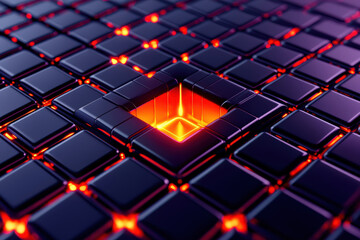 Obraz premium Futuristic digital abstract background with glowing orange elements and dark tiles. design features central illuminated square, creating striking visual effect
