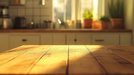 Empty wooden table in kitchen with sunlight.  Concept of food, cooking, kitchenware.