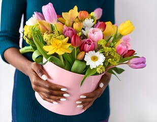 Brightly colored flowers are held in a pink vase, perfect for Valentine's gifting and celebrations