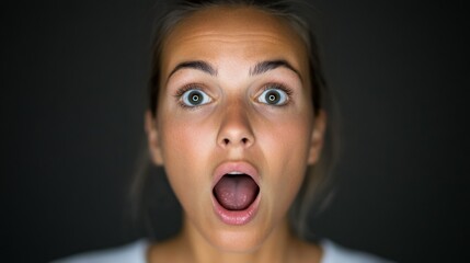 A woman with gray hair displays surprise, her mouth open and eyes wide, captured in soft lighting with a neutral backdrop providing copy space