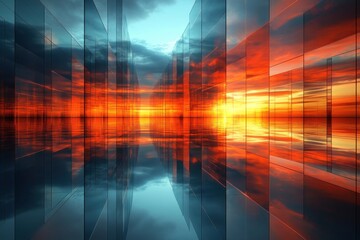 Fototapeta premium A vibrant sunset reflected in glass structures, creating a surreal, mirrored landscape.