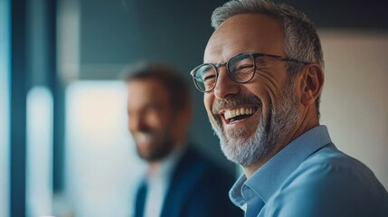 Two business colleagues enjoy a light-hearted moment while discussing their presentation on a tablet in a collaborative office setting, fostering teamwork