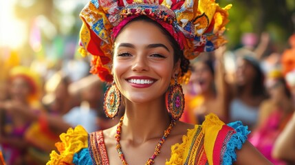 Fototapeta premium Vibrant Festival Celebration with Traditional Dancer in Colorful Attire and Joyful Crowds