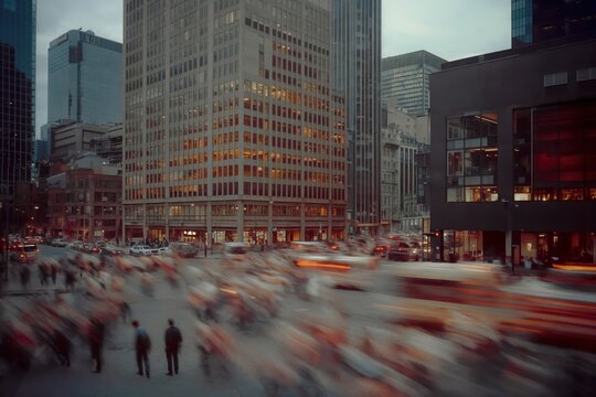 Urban Life Motion Blur Cityscape with Tall Buildings and Busy Streets