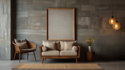 A stylish living room showcases a cream-colored sofa and a comfortable armchair against a textured stone wall, adorned with minimal decor, emphasizing a contemporary and elegant vibe